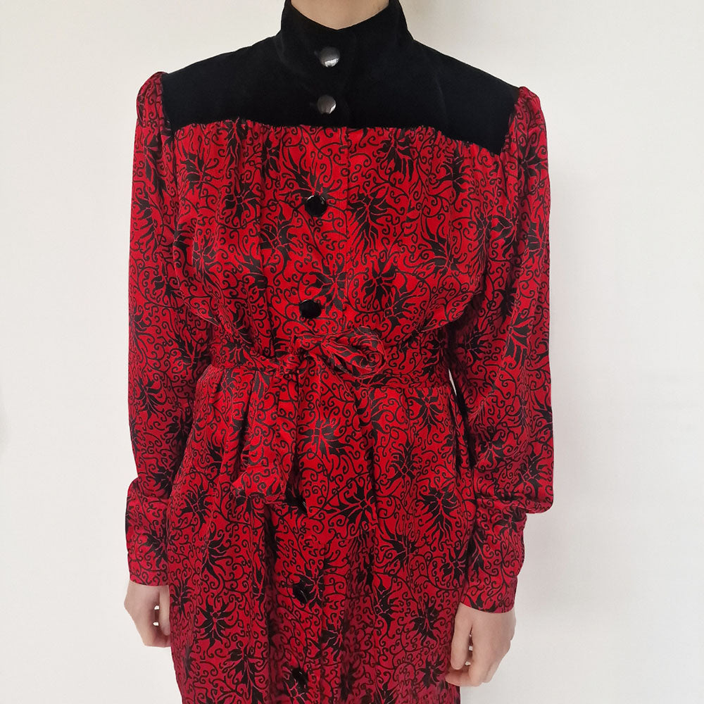 YSL Belted Red Printed Silk Dress - UK 10-12