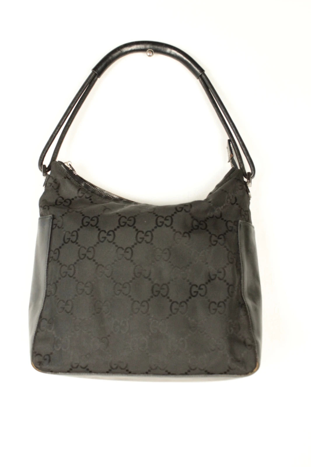 Gucci black hobo bag with GG monogram canvas, calf leather trim, and silver-tone hardware.