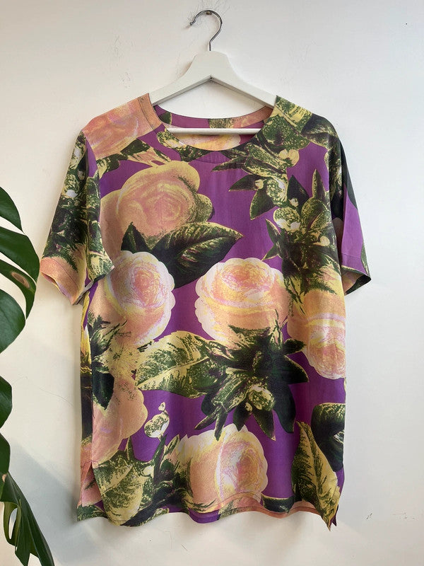 100% silk purple floral top