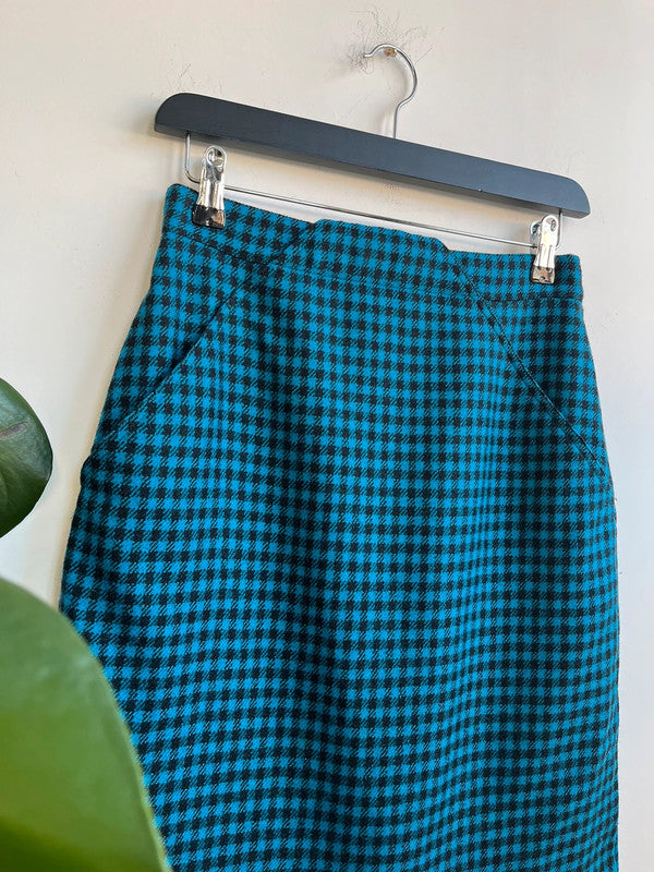 Blue and black Marella check houndstooth mini wool skirt,