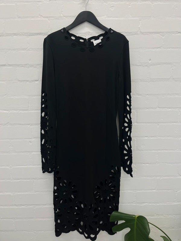Burberry London black bodycon midi cut out dress, size medium