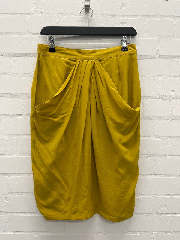 Mustard yellow 100% silk 1980s draped front skirt, UK12