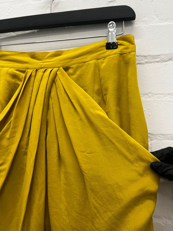 Mustard yellow 100% silk 1980s draped front skirt, UK12