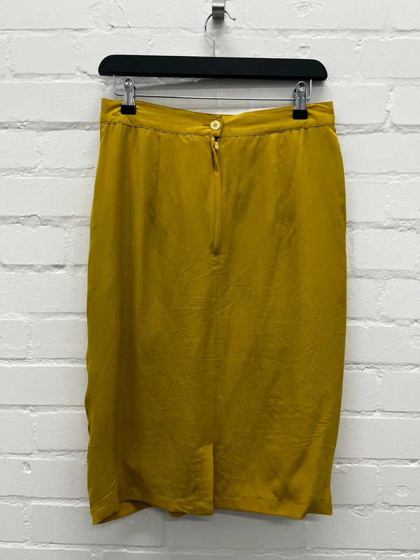 Mustard yellow 100% silk 1980s draped front skirt, UK12