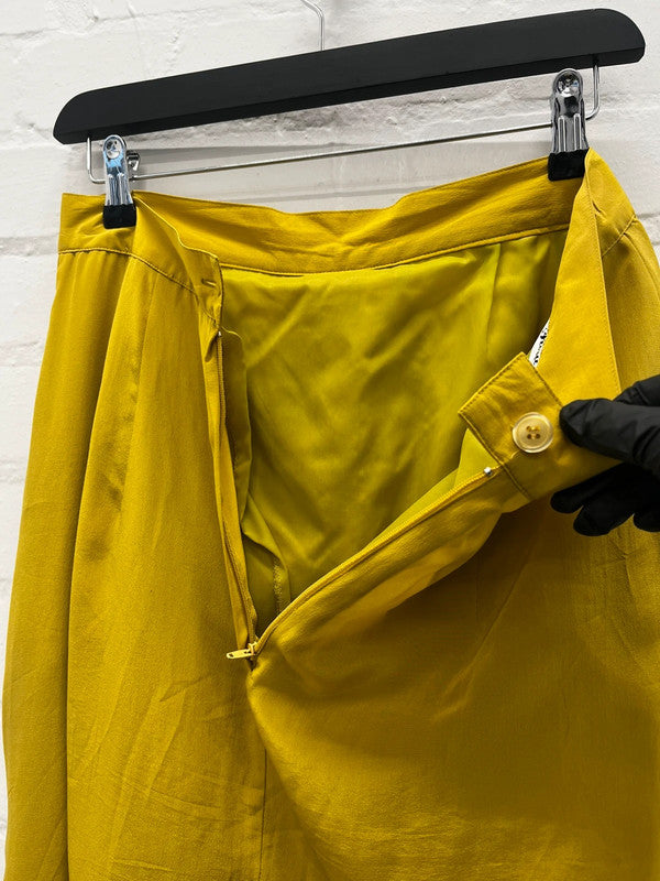 Mustard yellow 100% silk 1980s draped front skirt, UK12