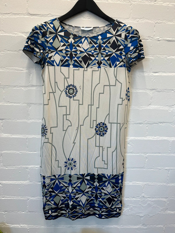 Emilio Pucci Firenze blue and off white pattern jersey dress, UK6