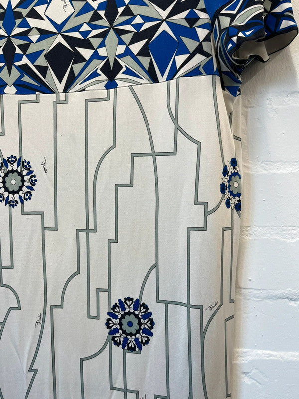 Emilio Pucci Firenze blue and off white pattern jersey dress, UK6