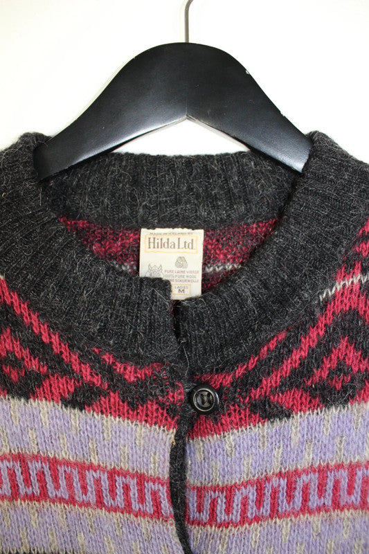 Vintage Icelandic Fair Isle Wool Cardigan Grey Purple Red - Medium
