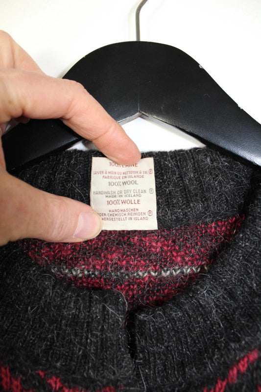 Vintage Icelandic Fair Isle Wool Cardigan Grey Purple Red - Medium