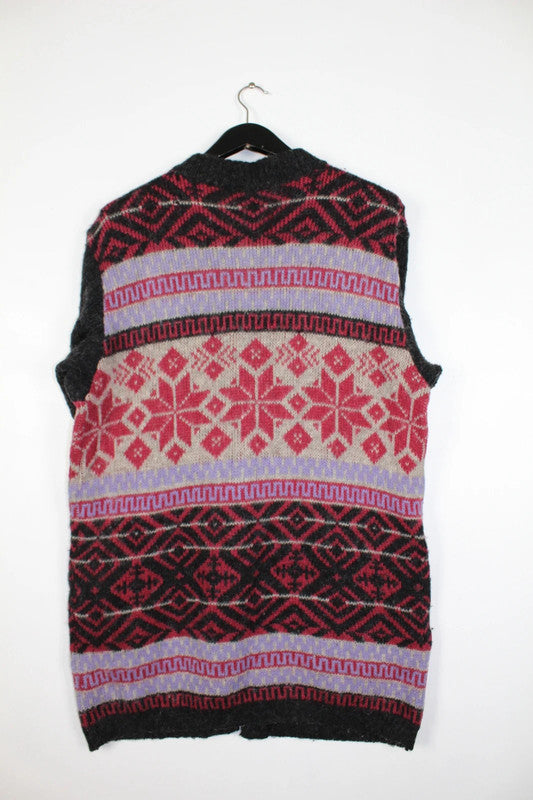 Vintage Icelandic Fair Isle Wool Cardigan Grey Purple Red - Medium