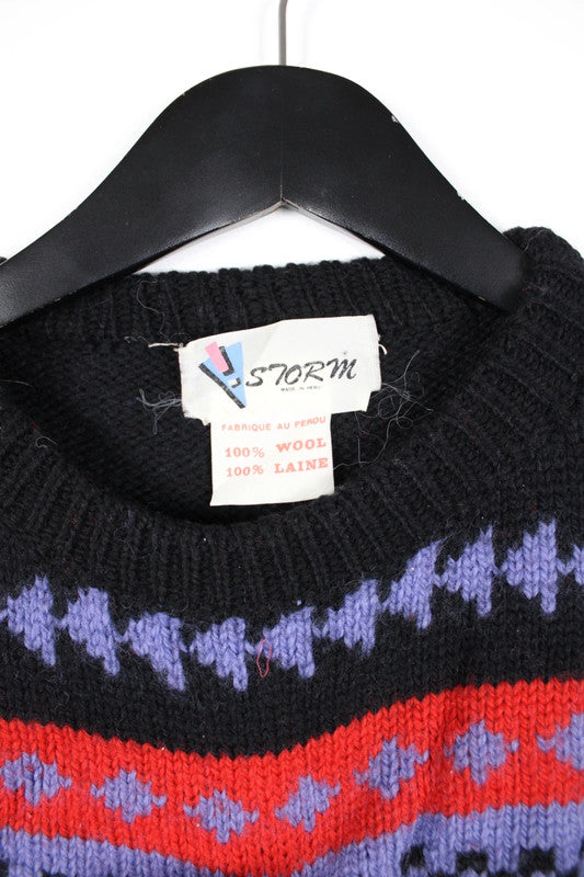 Vintage 80s Peruvian chunky crewneck Geometric 100% Wool Sweater Black Red Purple -