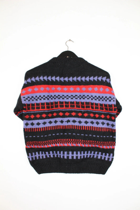 Vintage 80s Peruvian chunky crewneck Geometric 100% Wool Sweater Black Red Purple -