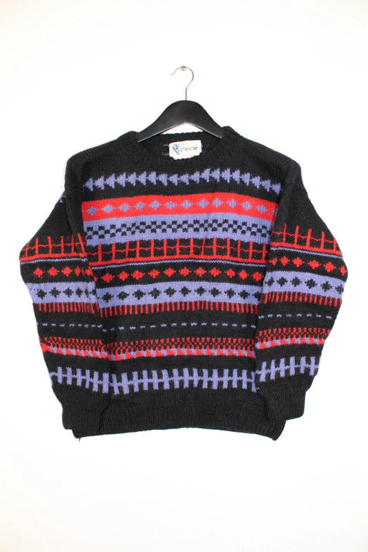 Vintage 80s Peruvian chunky crewneck Geometric 100% Wool Sweater Black Red Purple -