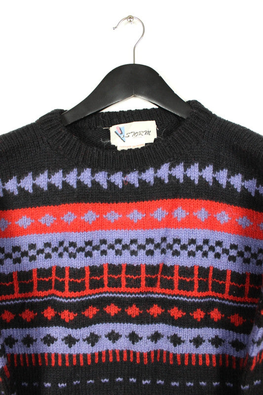 Vintage 80s Peruvian chunky crewneck Geometric 100% Wool Sweater Black Red Purple -