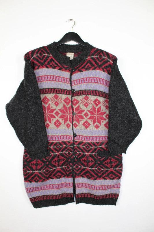 Vintage Icelandic Fair Isle Wool Cardigan Grey Purple Red - Medium