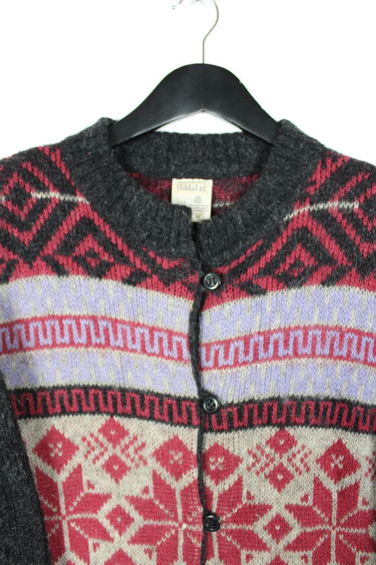 Vintage Icelandic Fair Isle Wool Cardigan Grey Purple Red - Medium