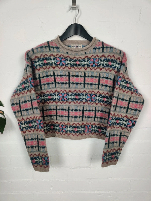 Vintage cropped Wool Mohair Flower Patterned Jumper - Medium