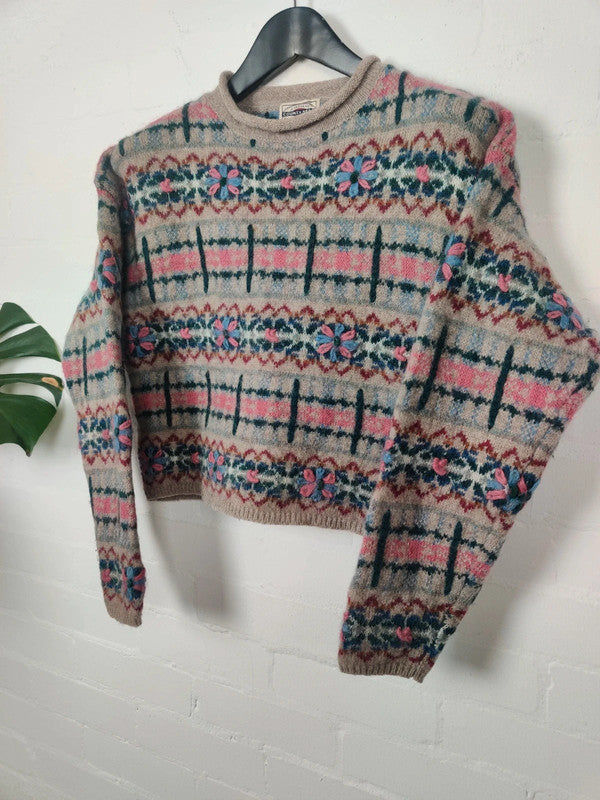 Vintage cropped Wool Mohair Flower Patterned Jumper - Medium