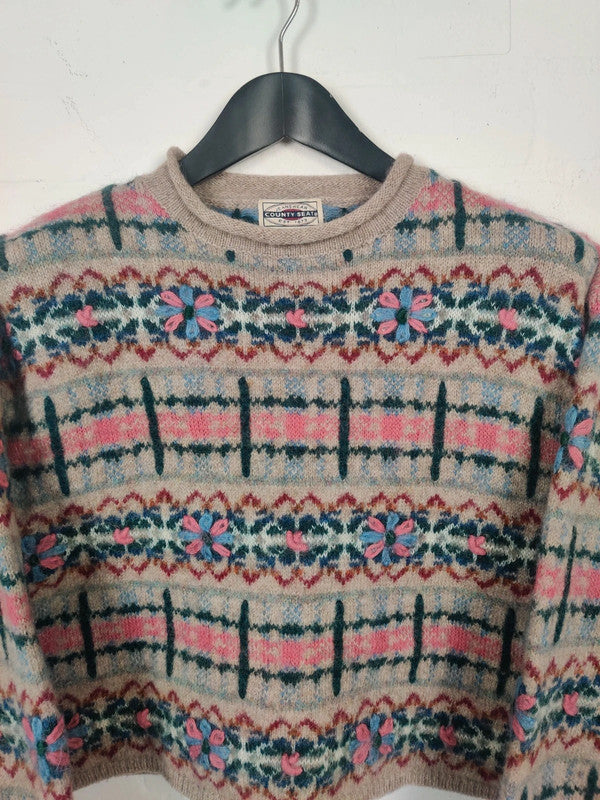 Vintage cropped Wool Mohair Flower Patterned Jumper - Medium