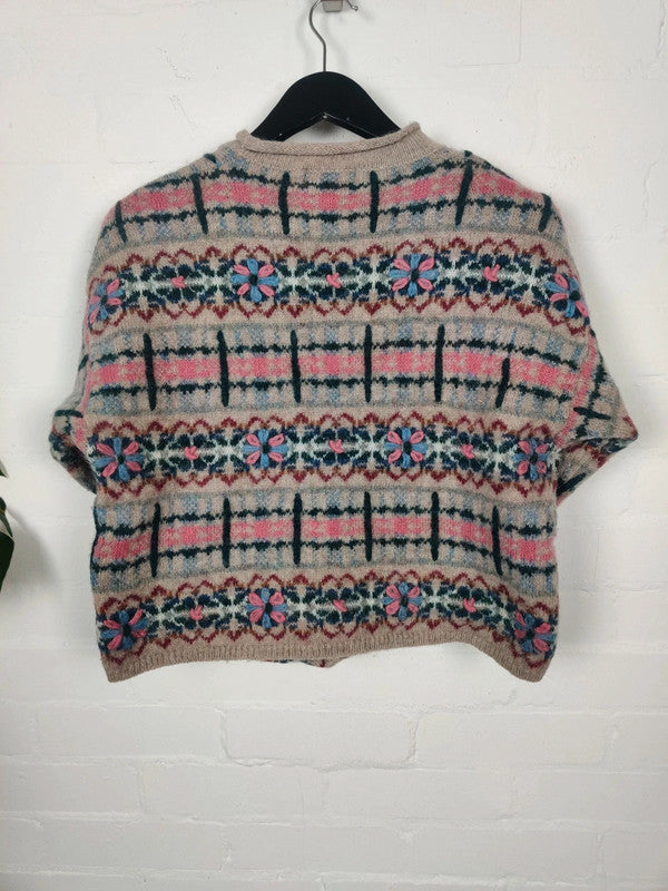 Vintage cropped Wool Mohair Flower Patterned Jumper - Medium