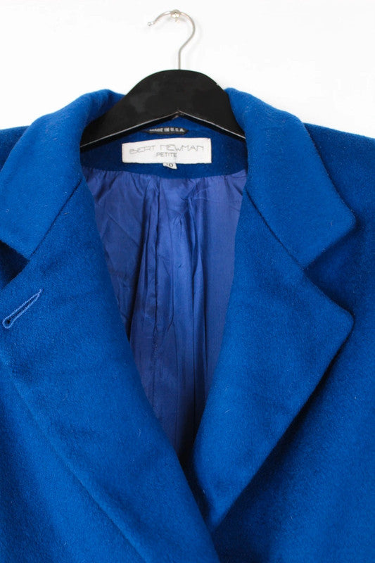 Vintage 80s 90s Cobalt Royal Blue Double Breasted Long Wool Coat Size US10