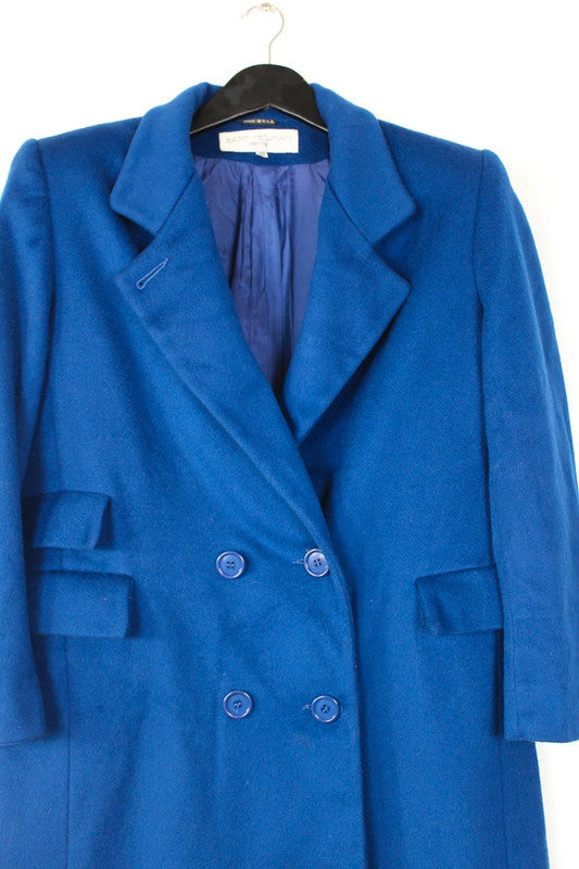 Vintage 80s 90s Cobalt Royal Blue Double Breasted Long Wool Coat Size US10