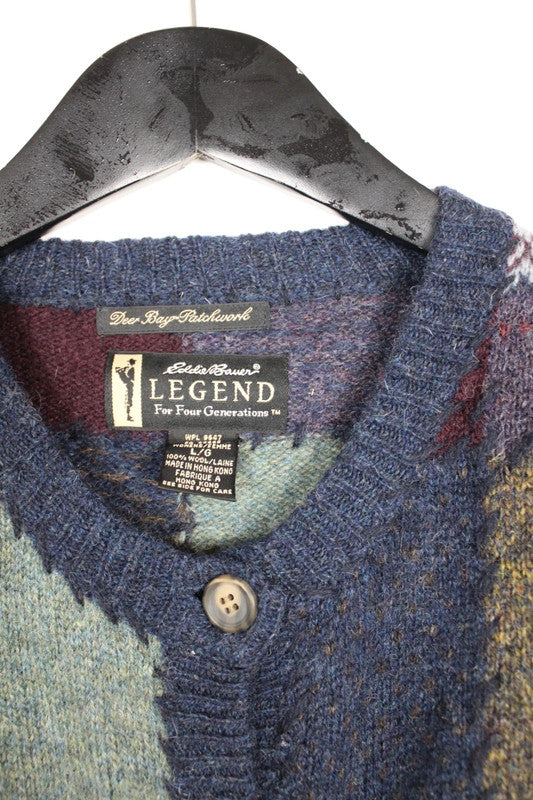Vintage Eddie Bauer "Legend" Deer Bay Patchwork Wool Cardigan - Large