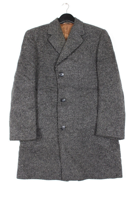 Vintage 70s 80s Mens Grey Wool Herringbone Tweed Single Breasted Overcoat