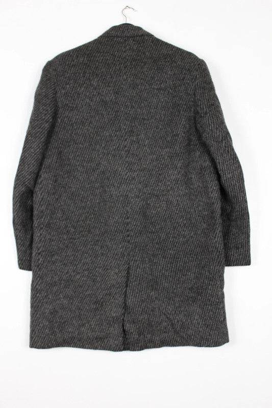 Vintage 70s 80s Mens Grey Wool Herringbone Tweed Single Breasted Overcoat