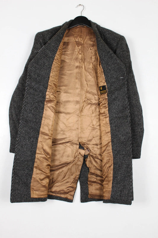 Vintage 70s 80s Mens Grey Wool Herringbone Tweed Single Breasted Overcoat