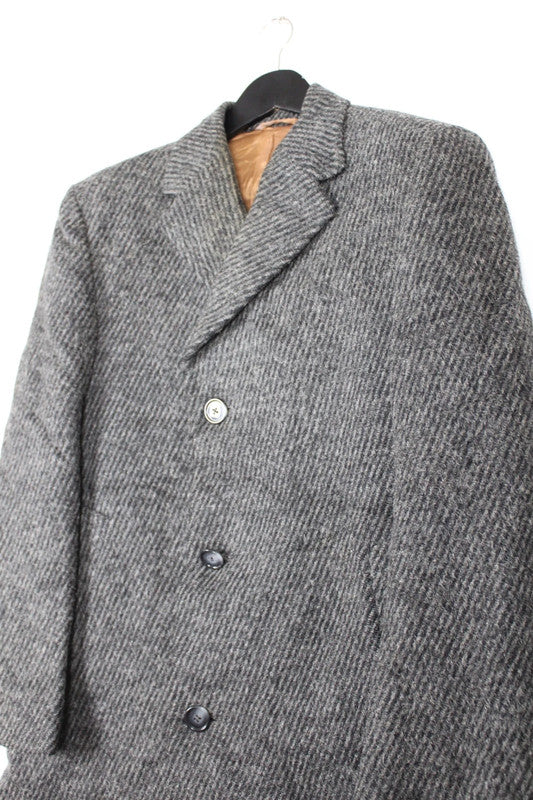 Vintage 70s 80s Mens Grey Wool Herringbone Tweed Single Breasted Overcoat