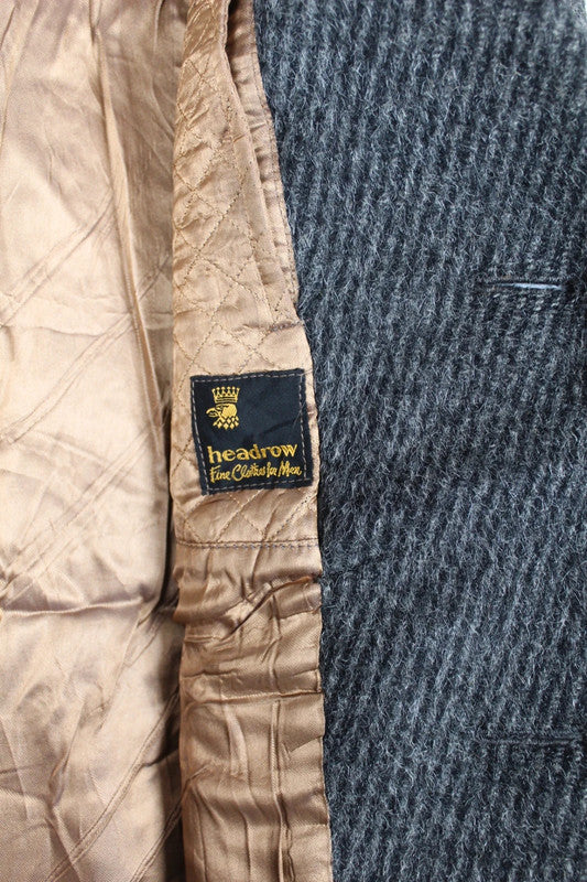 Vintage 70s 80s Mens Grey Wool Herringbone Tweed Single Breasted Overcoat