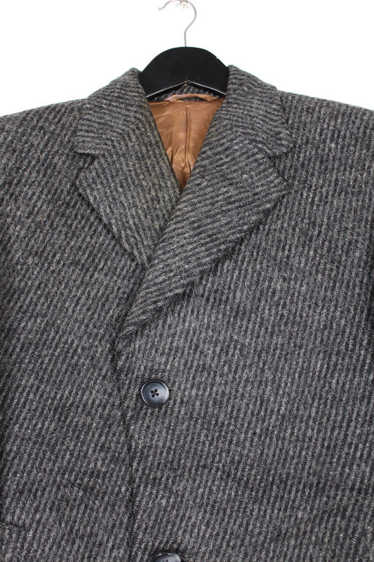 Vintage 70s 80s Mens Grey Wool Herringbone Tweed Single Breasted Overcoat