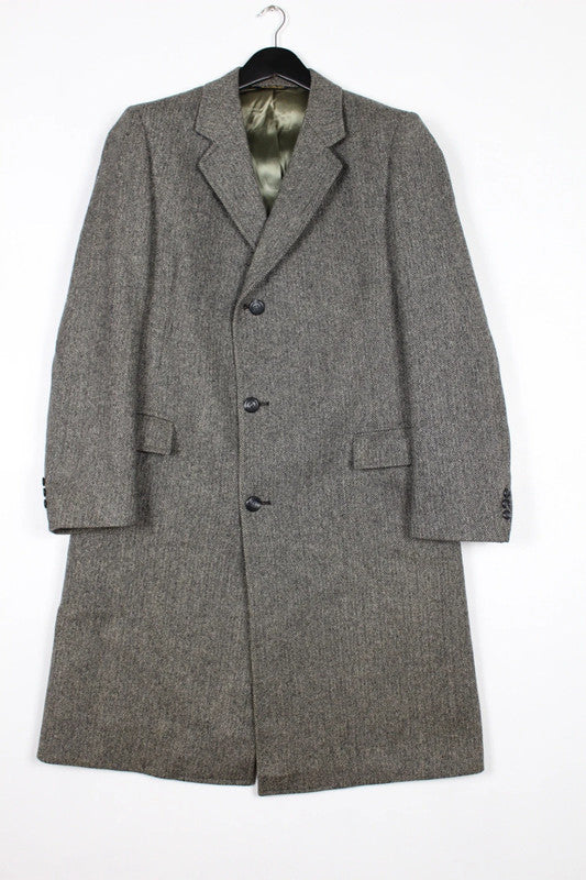 Vintage Pierre Balmain Mens Grey Herringbone Wool Single Breasted Overcoat -