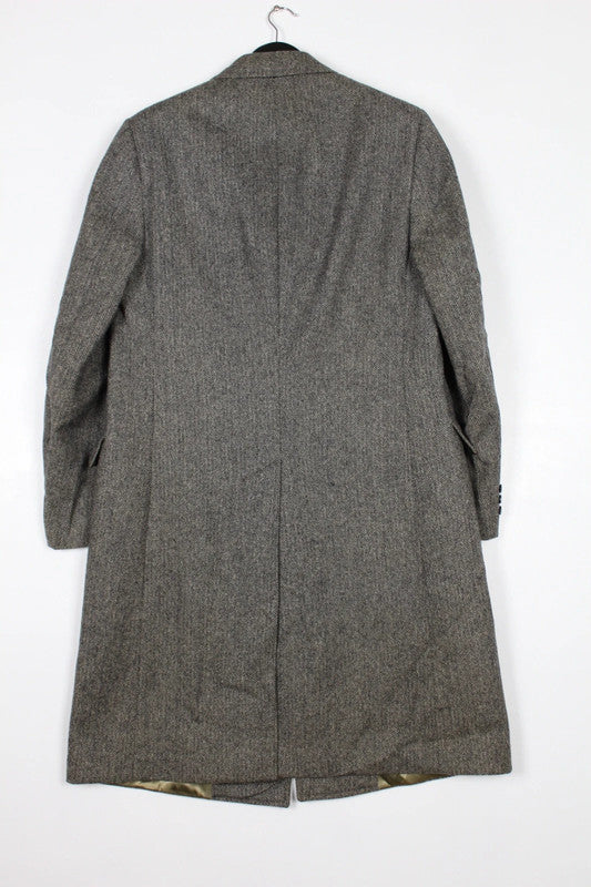 Vintage Pierre Balmain Mens Grey Herringbone Wool Single Breasted Overcoat -