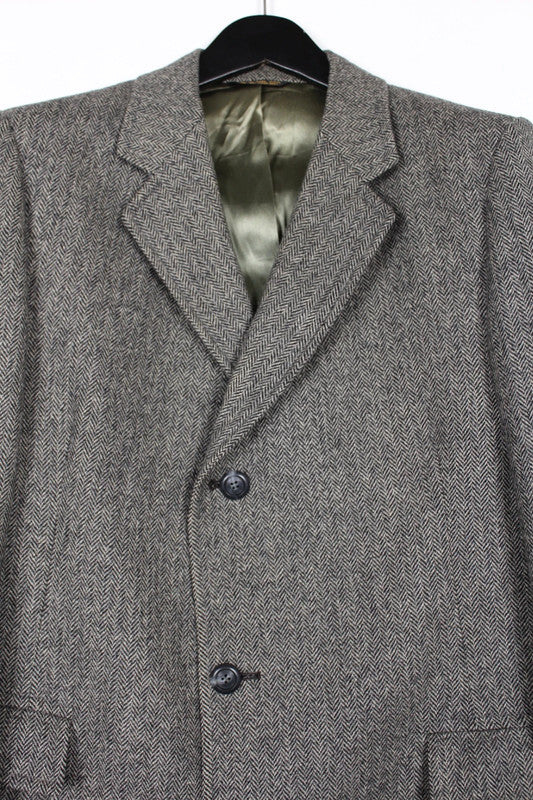 Vintage Pierre Balmain Mens Grey Herringbone Wool Single Breasted Overcoat -