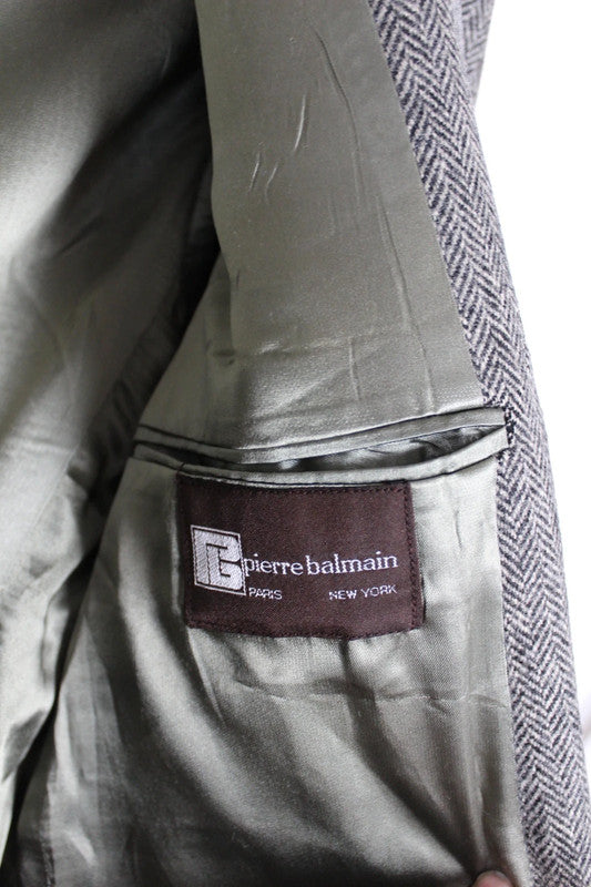 Vintage Pierre Balmain Mens Grey Herringbone Wool Single Breasted Overcoat -