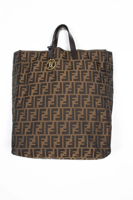 Vintage Fendi Zucca Brown Canvas Leather Tote Bag Shopper Logo Charm