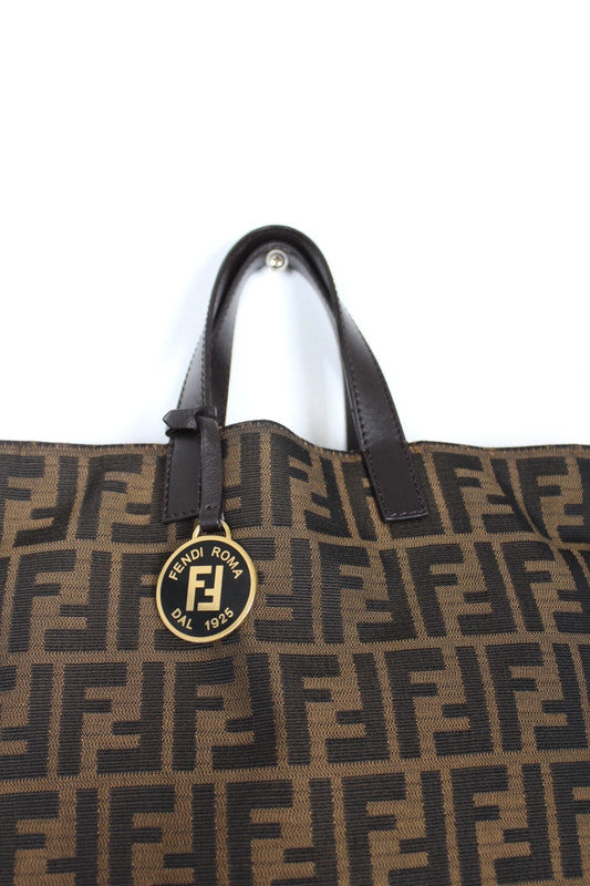 Vintage Fendi Zucca Brown Canvas Leather Tote Bag Shopper Logo Charm