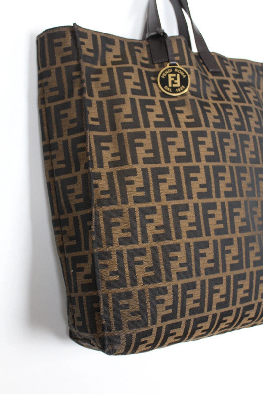 Vintage Fendi Zucca Brown Canvas Leather Tote Bag Shopper Logo Charm