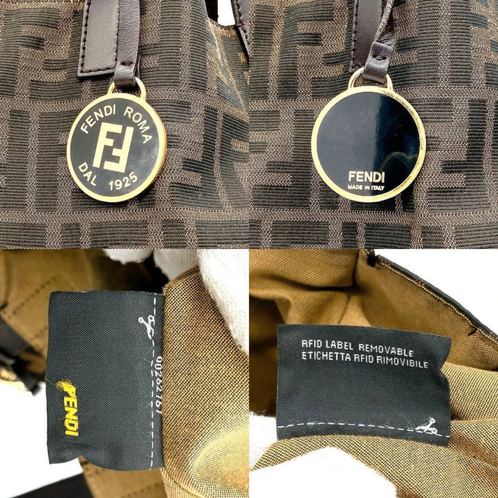 Vintage Fendi Zucca Brown Canvas Leather Tote Bag Shopper Logo Charm