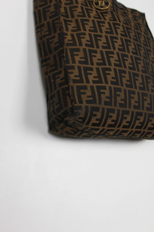 Vintage Fendi Zucca Brown Canvas Leather Tote Bag Shopper Logo Charm