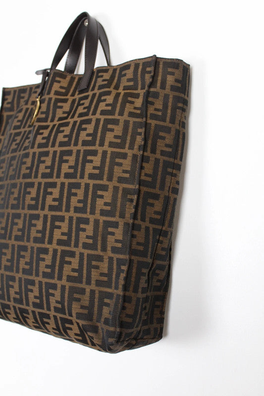 Vintage Fendi Zucca Brown Canvas Leather Tote Bag Shopper Logo Charm