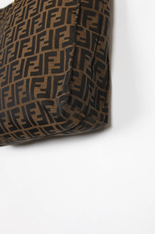 Vintage Fendi Zucca Brown Canvas Leather Tote Bag Shopper Logo Charm