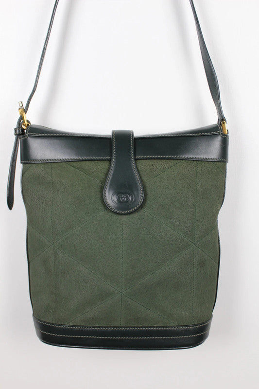 Vintage Gucci Green Suede Leather Bucket Crossbody Bag Gold Hardware