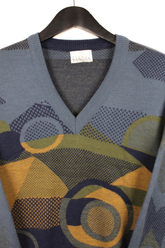 Vintage 80s 90s Pierre Sangan Abstract Geometric V-Neck Sweater Size Medium