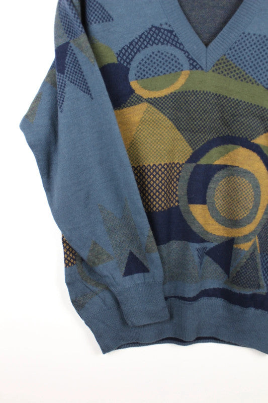 Vintage 80s 90s Pierre Sangan Abstract Geometric V-Neck Sweater Size Medium