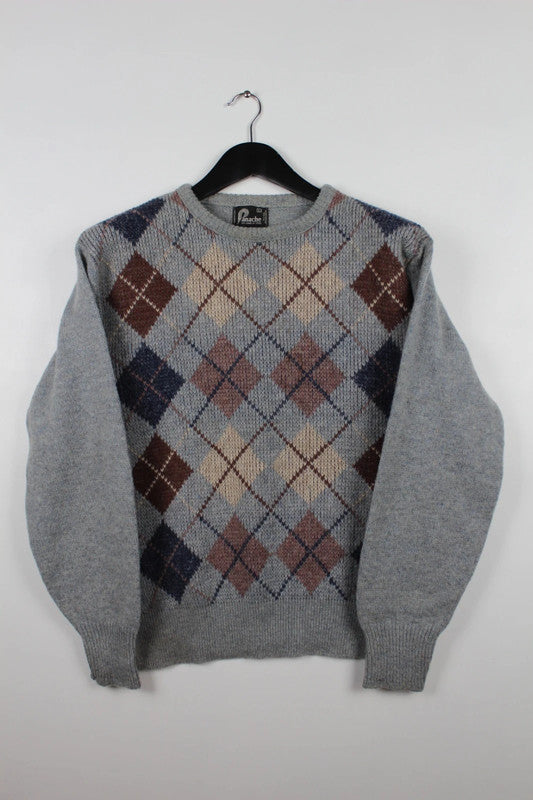 Vintage Panache Grey Wool Blend Argyle Crew Neck Sweater Jumper Size Large