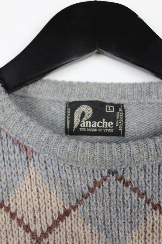 Vintage Panache Grey Wool Blend Argyle Crew Neck Sweater Jumper Size Large