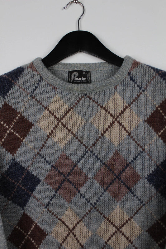 Vintage Panache Grey Wool Blend Argyle Crew Neck Sweater Jumper Size Large